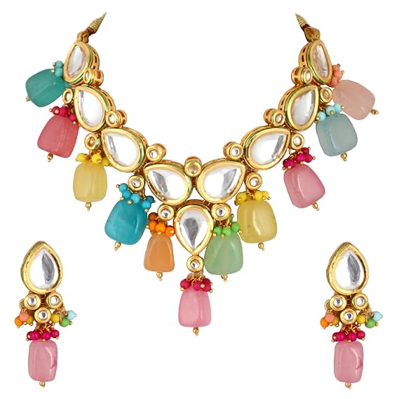 Tehzeeb Creation Meenakari Gold plated Multicolor pentagon shape Uncut Kundan Necklace Set THZ479