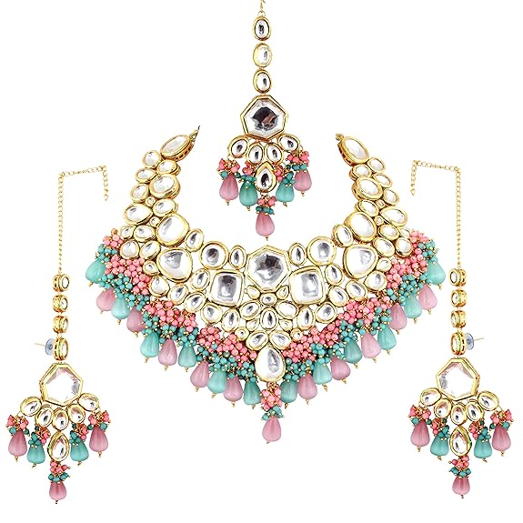 Tehzeeb Creation Meenakari 18K Gold Plated Multi Color Uncut dibbi Kundan Combo Necklace Set For Women THZ480