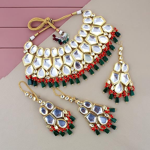 Tehzeeb Creation Back Meenakari 18k Gold Plated Multicolor Color Tika Earring Combo Jewellery Set Uncut Big Faux Kundan Dibbi Kundan Choker Necklace Set for Girl's & Women THZ481