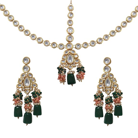 Tehzeeb Creation 18K Gold Plated Multicolor Kundan Stone/Uncut Kundan/Dibbi Kundan/Meena Kundan/Lucknow Kundan Bridal Set for Girls & Women THZ482
