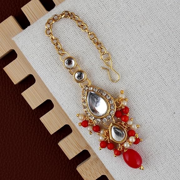 Tehzeeb Creation Gold Plated White Red Color Tika Earring Necklace Combo Kundan Jewellery Set THZ483