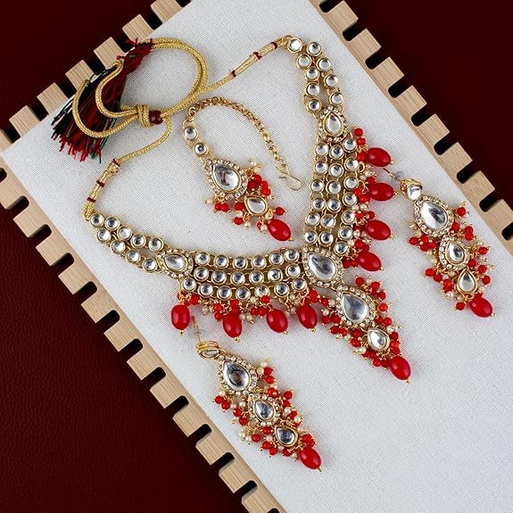 Tehzeeb Creation Gold Plated White Red Color Tika Earring Necklace Combo Kundan Jewellery Set THZ483