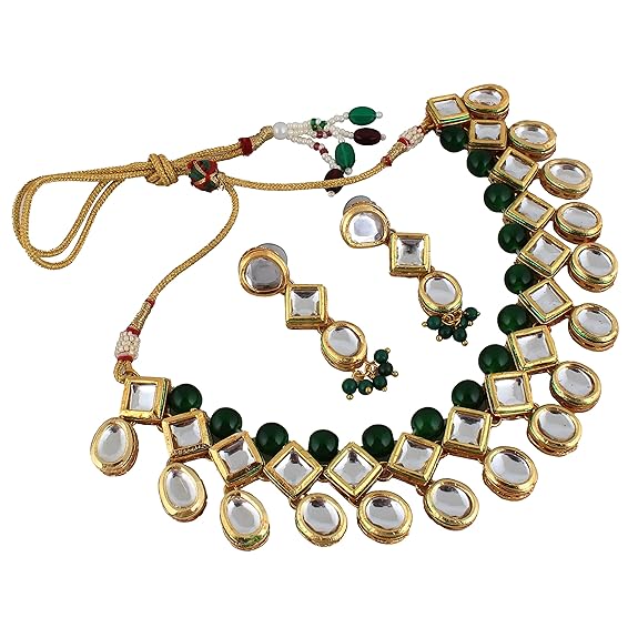 Tehzeeb Creation Back Meenakari 18k Gold Plated Green Color Earring Combo Jewellery Set Uncut Kundan Big Faux Kundan Dibbi Kundan Choker Necklace Set for Girl's & Women thz487