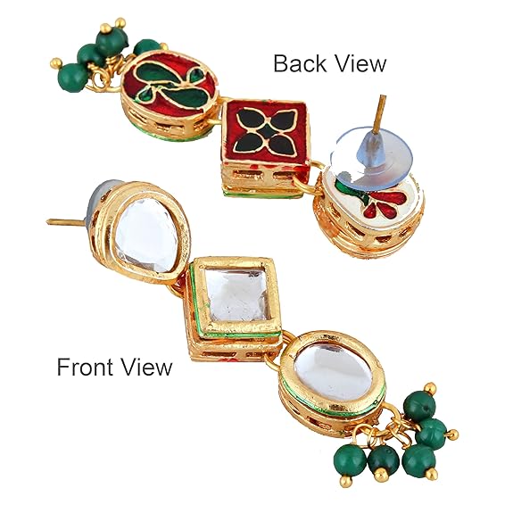 Tehzeeb Creation Back Meenakari 18k Gold Plated Green Color Earring Combo Jewellery Set Uncut Kundan Big Faux Kundan Dibbi Kundan Choker Necklace Set for Girl's & Women thz487