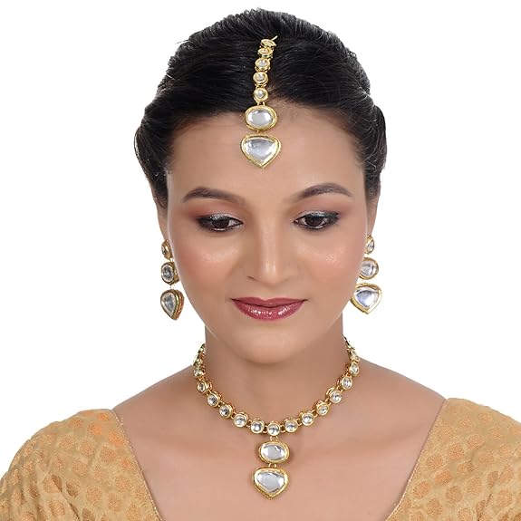 Tehzeeb Creation Back Meenakari 18k Gold Plated White Color Tika Earring Combo Jewellery Set Uncut Kundan Big Faux Kundan Dibbi Kundan Choker Necklace Set for Girl's & Women thz488