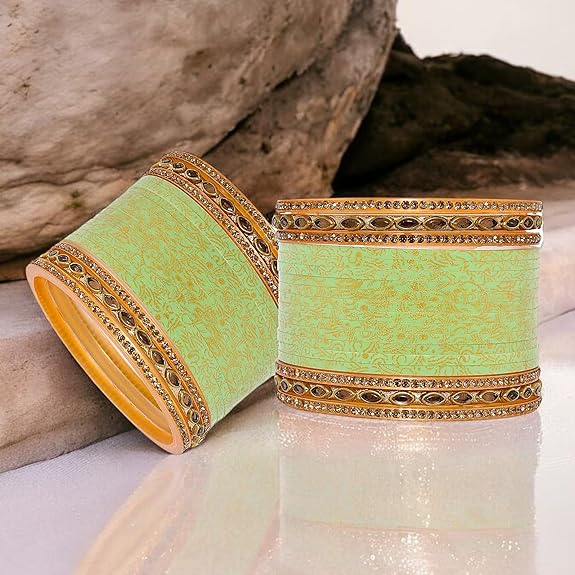 Tehzeeb Creation Bridal Bangle Set Wedding Punjabi Chuda Designer Chura CZ Stone with Kundan Stone Pista Color Small Size Choora for Women thz489