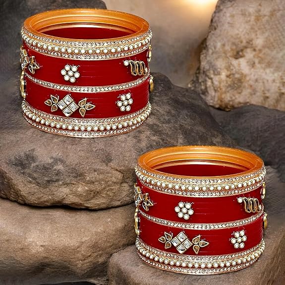 Tehzeeb Creation Bridal Bangle set Wedding punjabi chuda Designer chura Kundan Stone with Pearl Maroon Color choora thz490