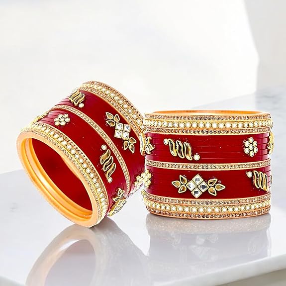 Tehzeeb Creation Bridal Bangle set Wedding punjabi chuda Designer chura Kundan Stone with Pearl Maroon Color choora thz490
