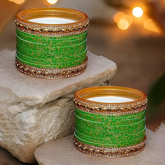 Tehzeeb Creation Bridal Bangle Set Wedding Punjabi Chuda Designer Chura CZ Stone with Kundan Stone Green Color Small Size Choora For Women THZ491