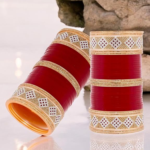 Tehzeeb Creation Bridal Bangle Set Wedding Punjabi Chuda Designer Chura CZ Stone Maroon Color Choora For Women THZ492