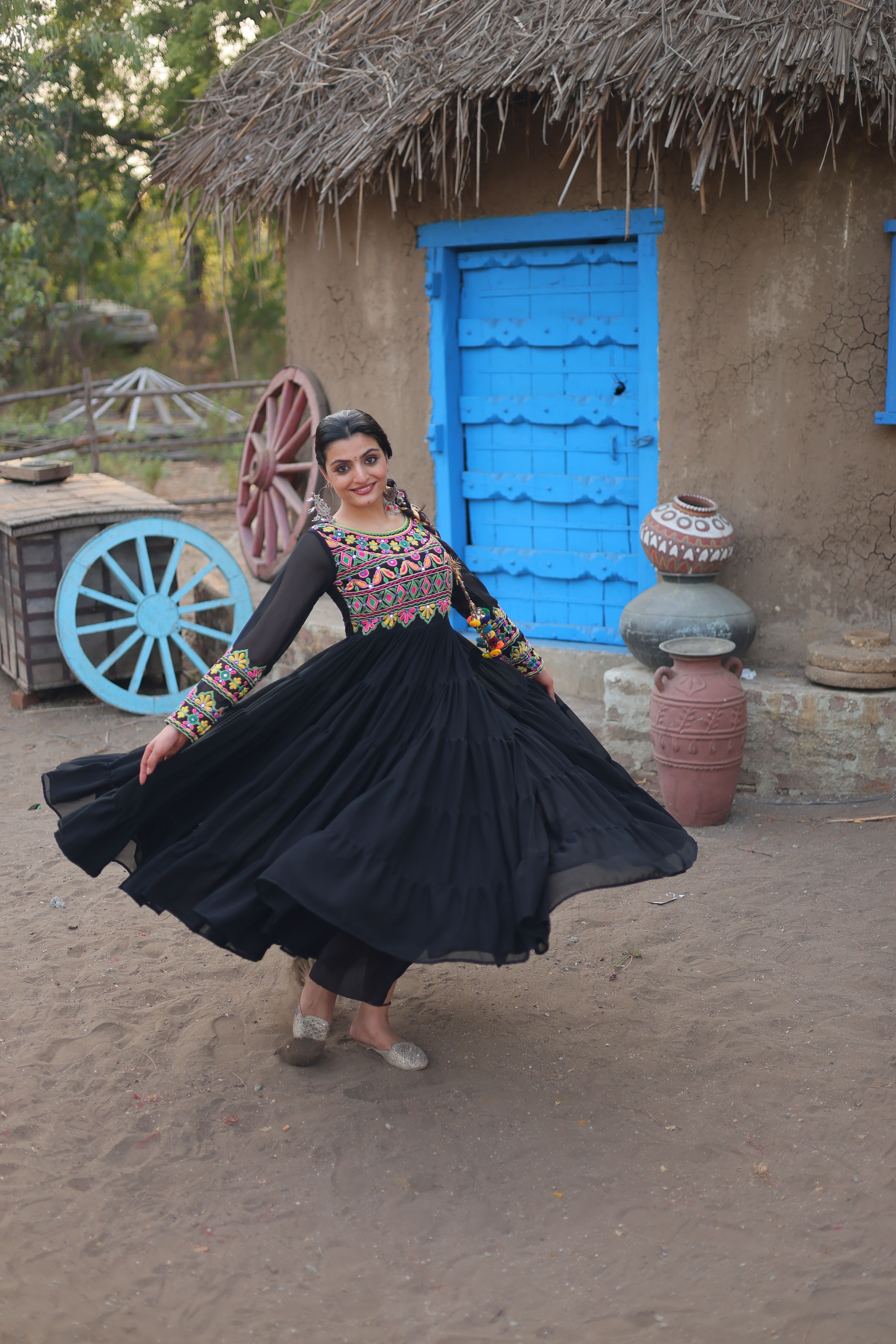 Aastha Black with Gown Blooming Faux Georgette Kutchi Gamthi Work