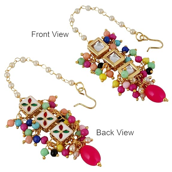 Tehzeeb Creation Back Meenakari 18k Gold Plated Square Shape Tika Earring Combo Jewellery Set Uncut Kundan Big Faux Kundan Dibbi Kundan Choker Necklace Set for Girl's & Women THZ500