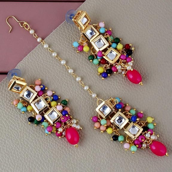 Tehzeeb Creation Back Meenakari 18k Gold Plated Square Shape Tika Earring Combo Jewellery Set Uncut Kundan Big Faux Kundan Dibbi Kundan Choker Necklace Set for Girl's & Women THZ500