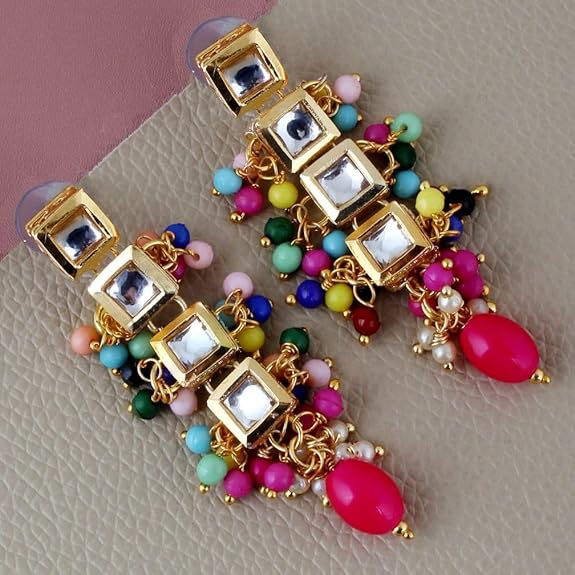 Tehzeeb Creation Back Meenakari 18k Gold Plated Square Shape Tika Earring Combo Jewellery Set Uncut Kundan Big Faux Kundan Dibbi Kundan Choker Necklace Set for Girl's & Women THZ500