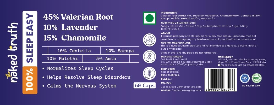 WildOak Melatonin Free Non-Addictive Sleeping Pills | Deep Sleep | Valerian Roots, Lavender & Chamomile | Naturally Improves Sleep Cycle in Few Weeks | Nerve & Anxiety Relaxation | 60 Veg Capsules