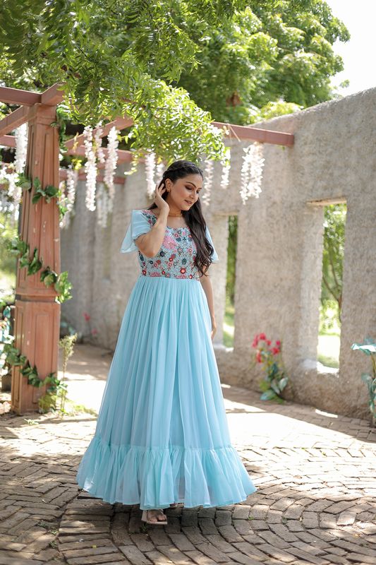 Aastha Sky Faux Georgette with Gown Sequins Multithreaded Embroidered work