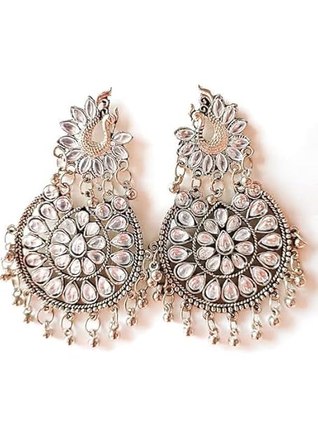WOMENS SILVER COLOUR EARRINGS WITH KUNDAN AND GHUNGHROO WORK THZ057