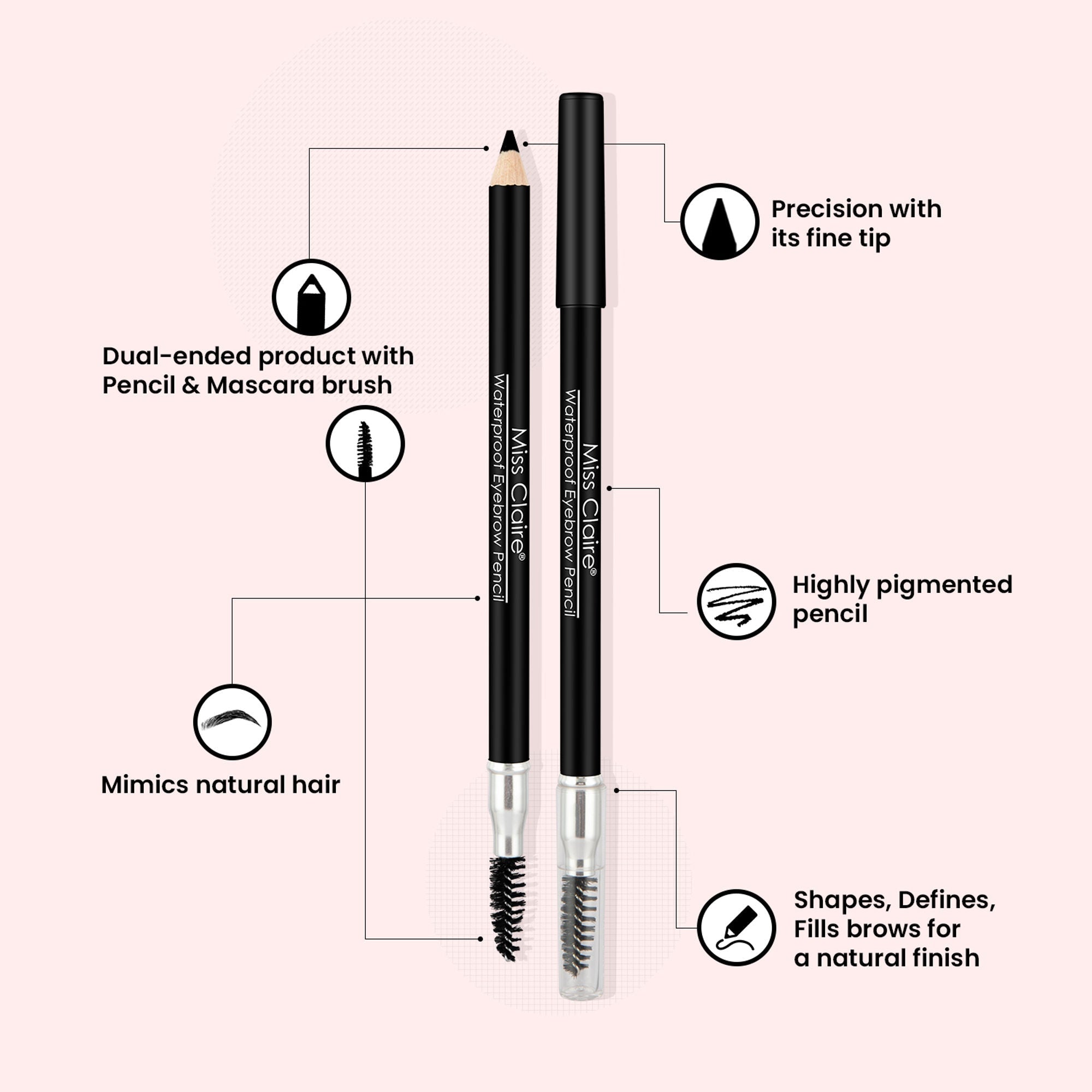 Miss Claire Waterproof Eyebrow Pencil With Mascara Brush - 01 Black