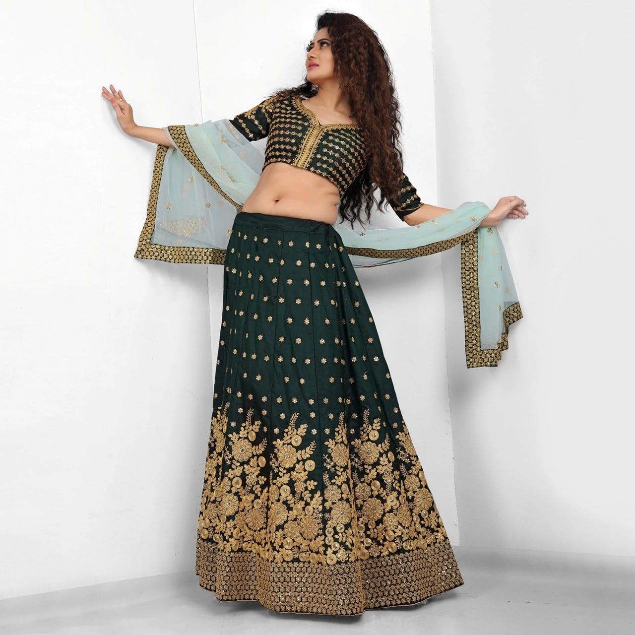 Aastha fashion Dark Green Stain lehanga blouse Embroidered work - Prithvi Mart