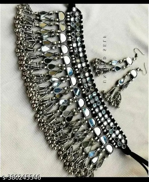 WOMENS SILVER COLOUR OXIDISED NACKLACE SET WITH MIRROR WORK THZ081