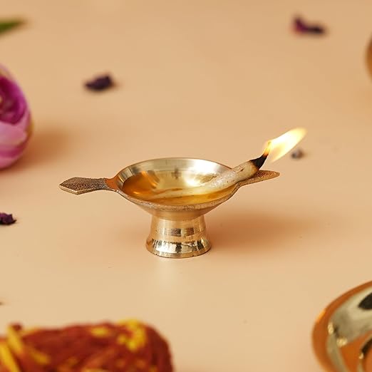 Golden Decorative Brass Diya with Stand and Holder | Auspicious Diya for Puja