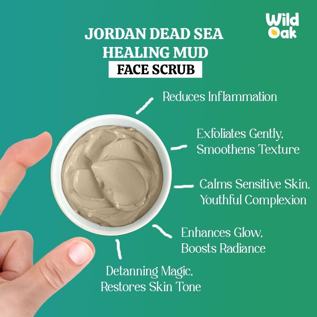 WildOak Jordan Dead Sea Healing Mud Face Scrub | 2% Niacinamide | Blemishes & Anti Aging | De-Tan, Even Skin Tone, Brighter Complexion | Body Mud | Clay Mask | All Skin Types | 100gm