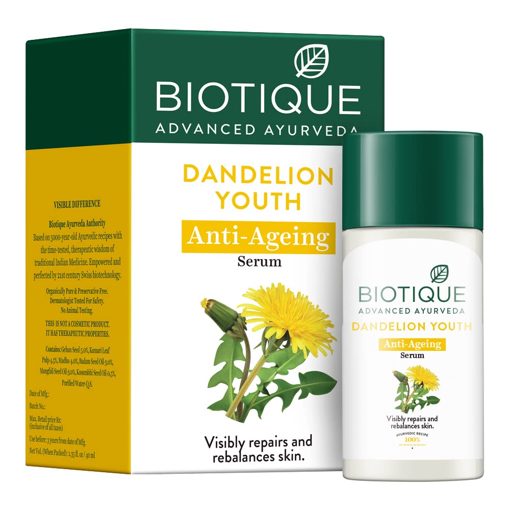 Biotique Dandelion Youth Anti-Ageing Serum packaging with green and white design.