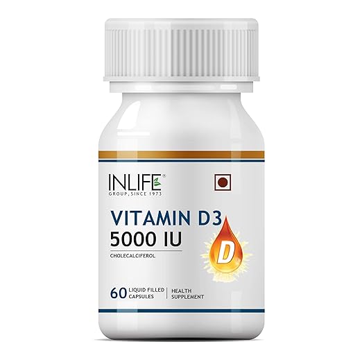INLIFE Vitamin D3 Cholecalciferol Supplement with Coconut Oil for Better Absorption, For Men & Women, Immunity, Bone Health, Muscles - 60 Capsules