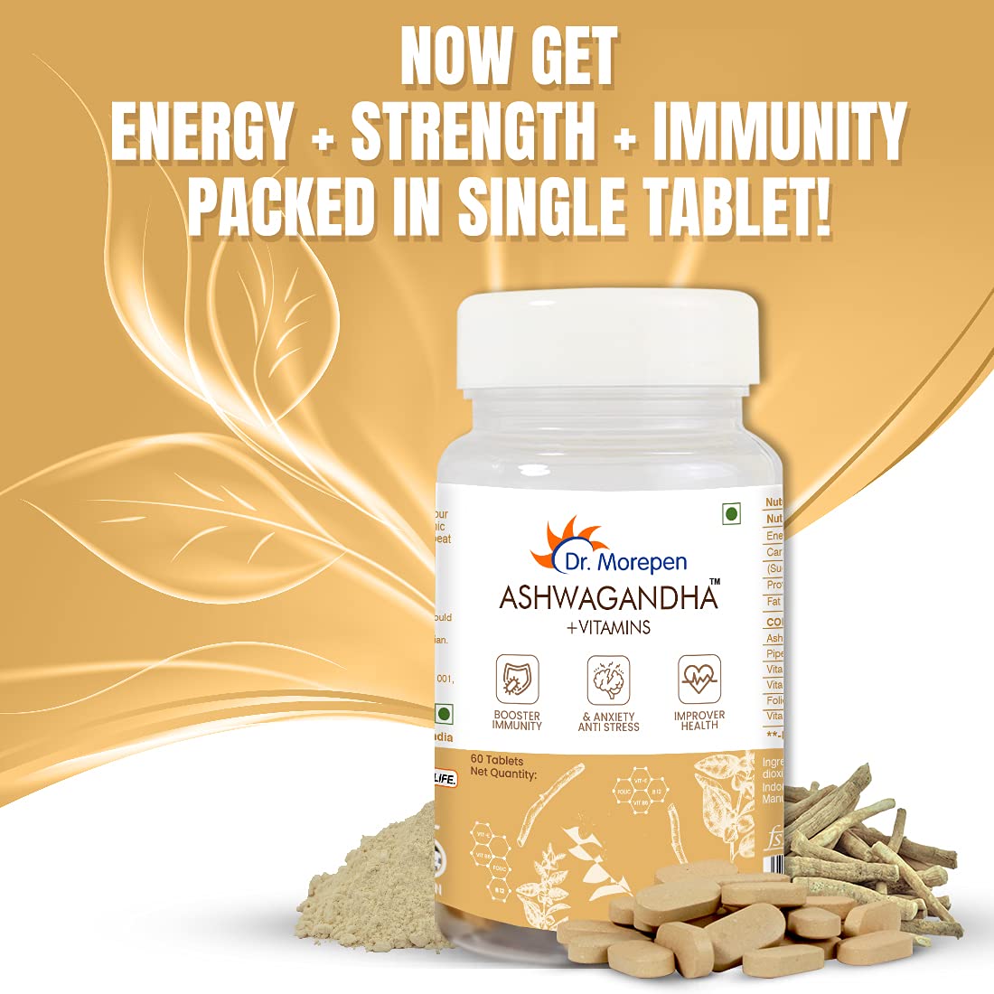 DR. MOREPEN Ashwagandha & Vitamins Tablet |Helps Release Stress | Rejuvenates Mind and Body | General Wellness | Black Pepper Extract with Folic Acid, Energy & Immunity Booster - 60 Veg Tablets