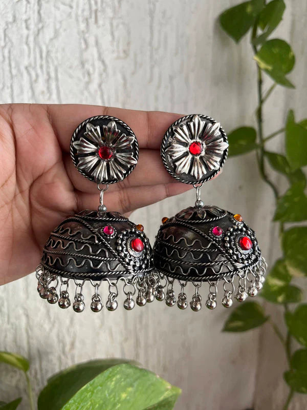 WOMENS OXDISED BAREILLY WALI JHUMKI WITH MULTY KUNDAN THZ 063