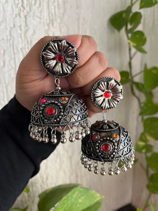 WOMENS OXDISED BAREILLY WALI JHUMKI WITH MULTY KUNDAN THZ 063