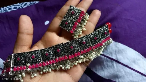 WOMENS OXIDISED NACKLACE SET WITH WHITE PEARL THZ064