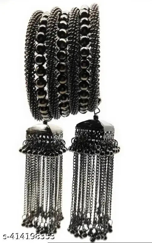 WOMENS BLACK OXIDISED SPIRAL BANGLE WITH JHUMKI STYLE THZ069