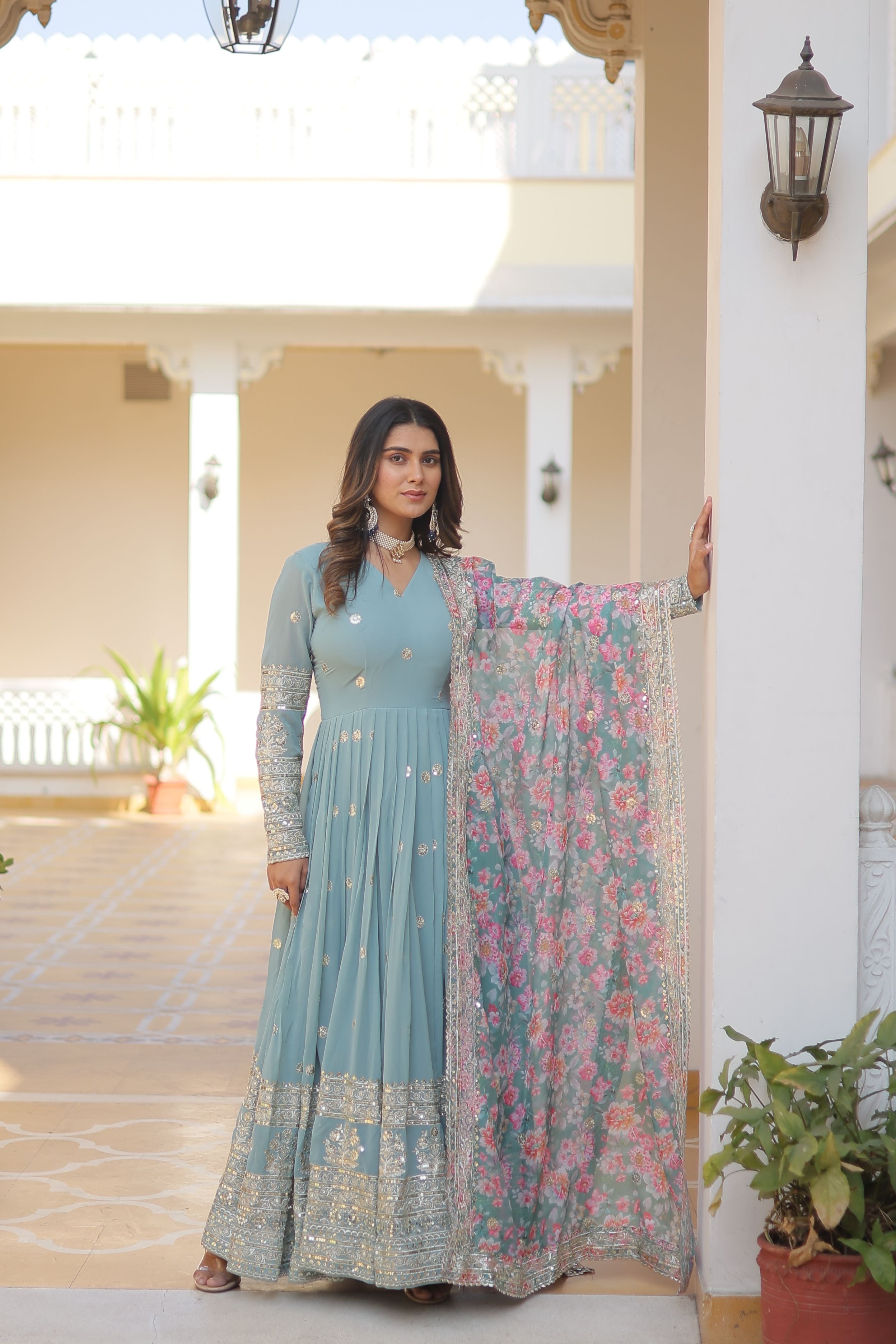 Aastha Sky Faux Georgette with Gown Embroidery Sequins Embroidered work