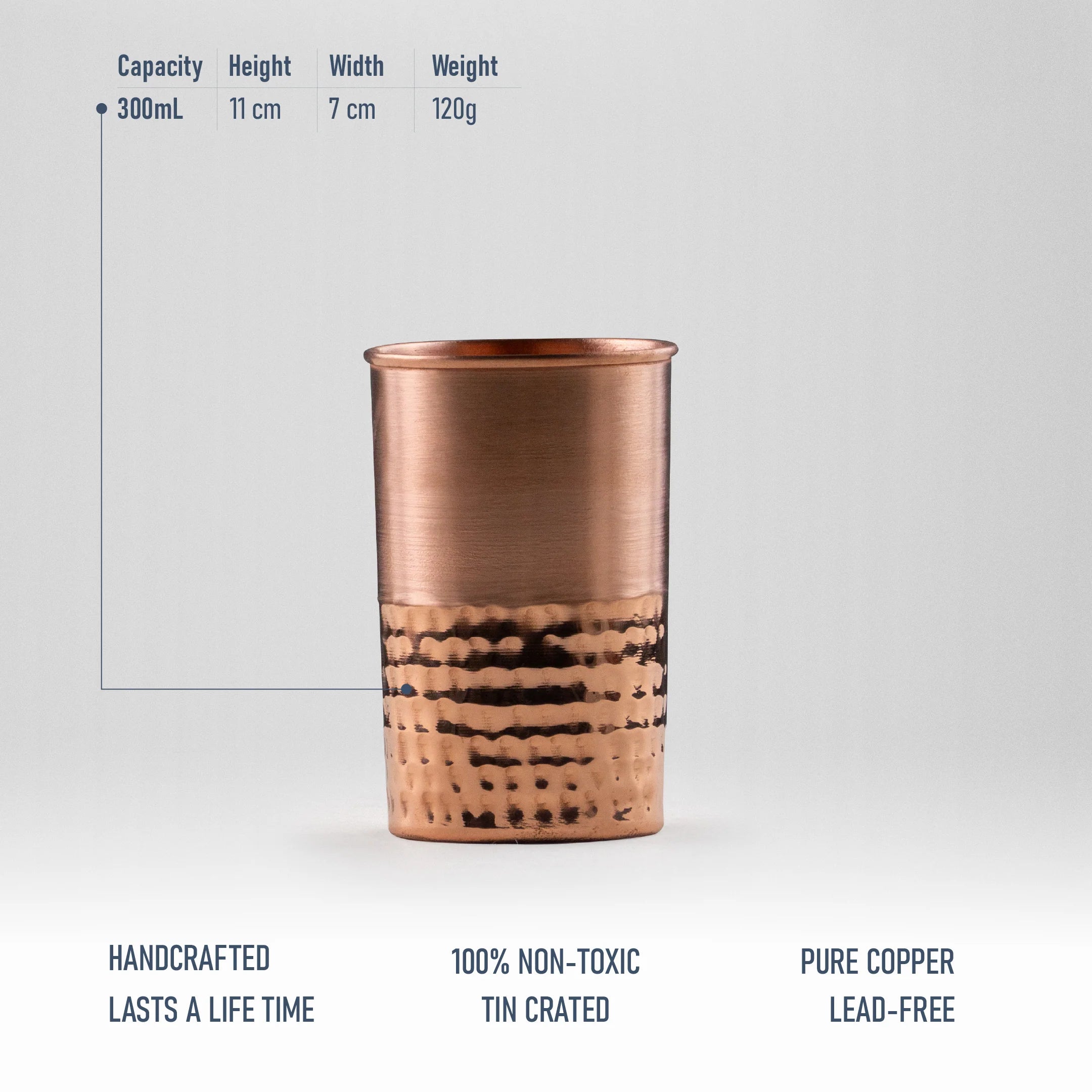 Health Smith Pure Copper Vintage Hammered Glass - Lacquered for Shine & Protection