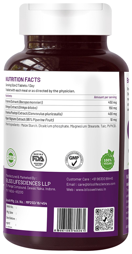 Bliss Welness Brain Health Brahmi + Shankapushpi Ginkgo Biloba Veg Tablet