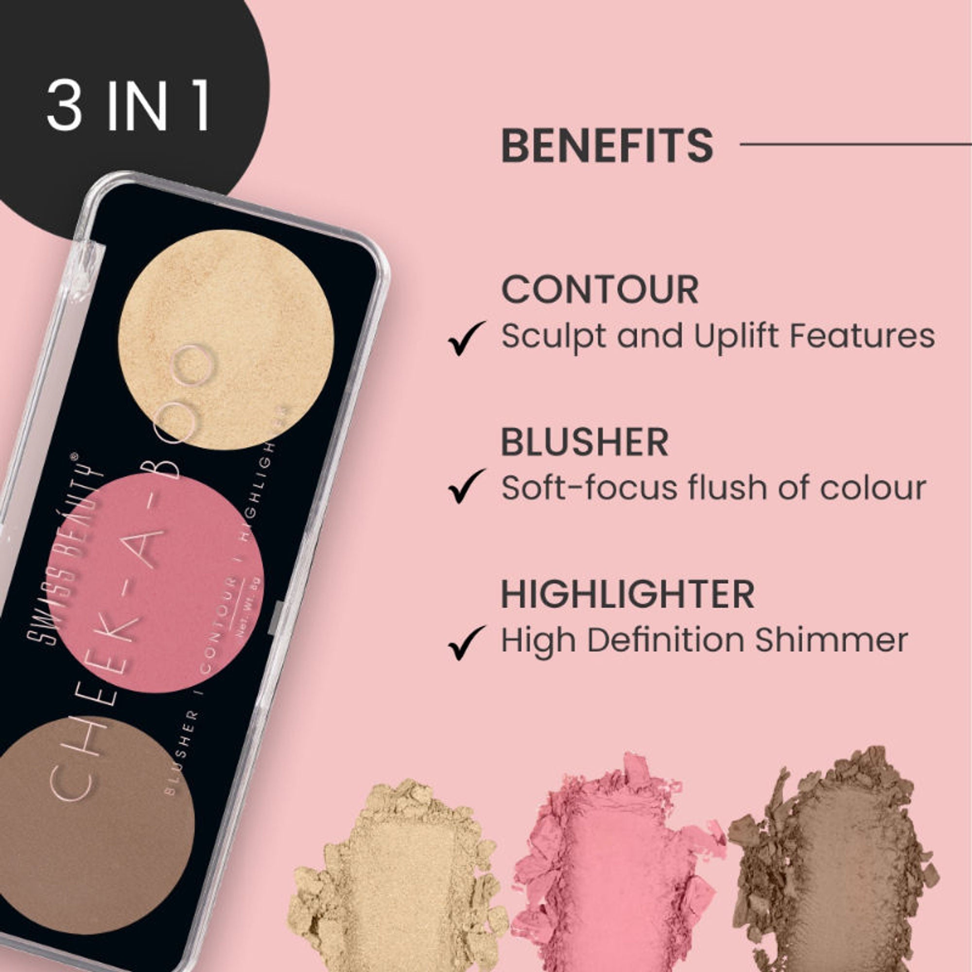 Swiss Beauty Cheek-A-Boo 3 In One Blushe Contour And Highlighter - 1
