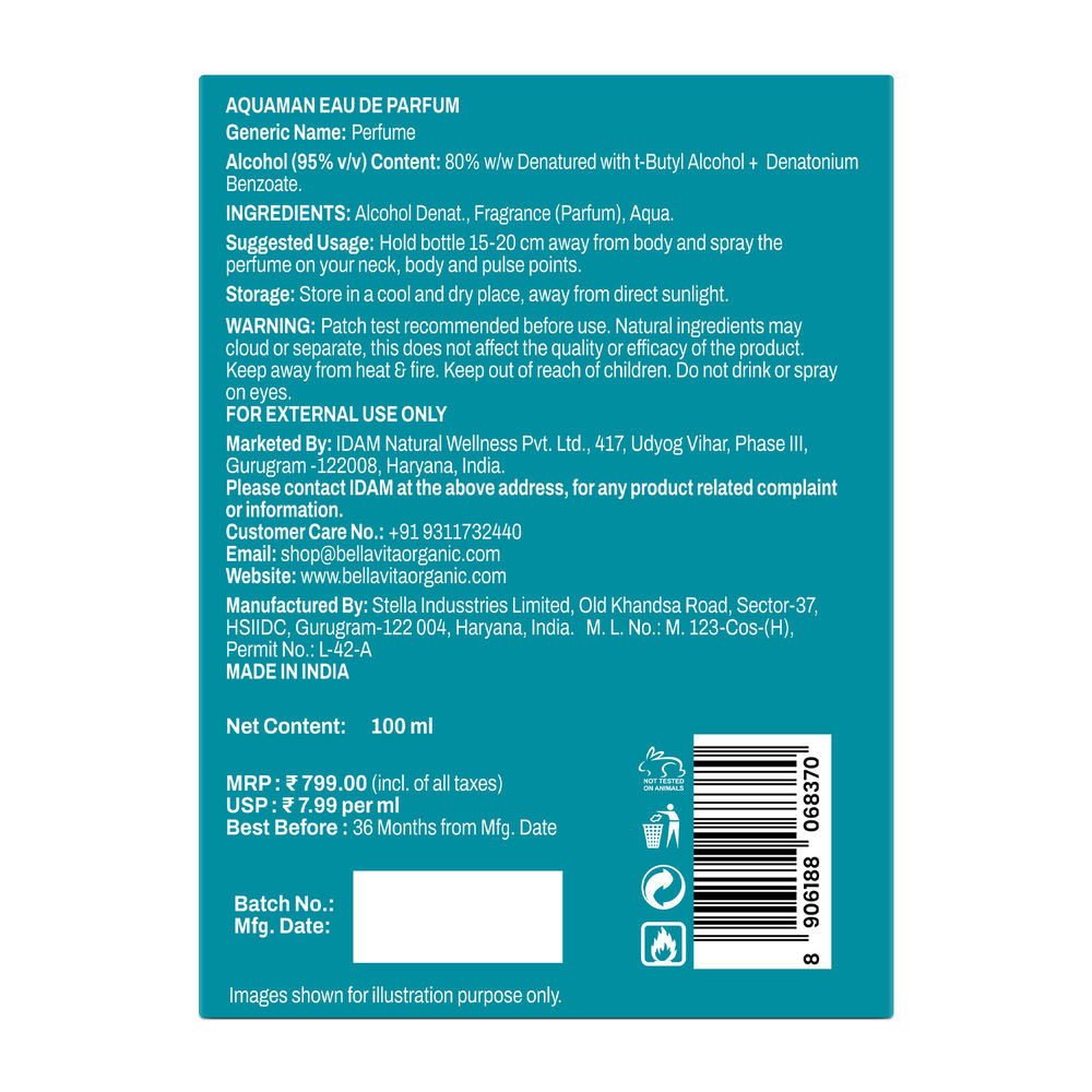 Bella Vita Organic Aquaman Long Lasting Eau De Parfume