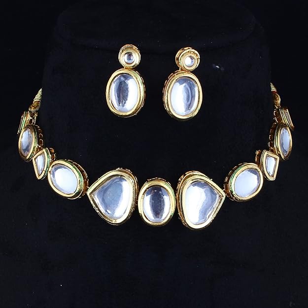 Tehzeeb Creation Back Meenakari 18k Gold Plated White Color Triangular Shape Earring Combo Jewellery Set Uncut Kundan Big Faux Kundan Dibbi Kundan Choker Necklace Set for Girl's & Women THZ417