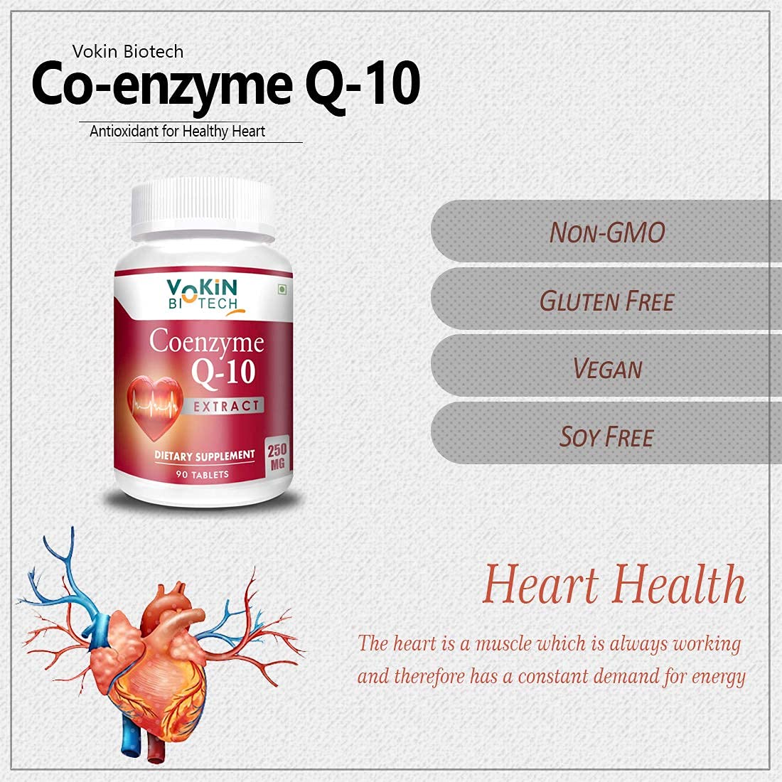 Vokin Biotech Natural Coenzyme Q-10 Extract for Heart Health and Energy Metabolism, 250mg (90+30) Tablets)