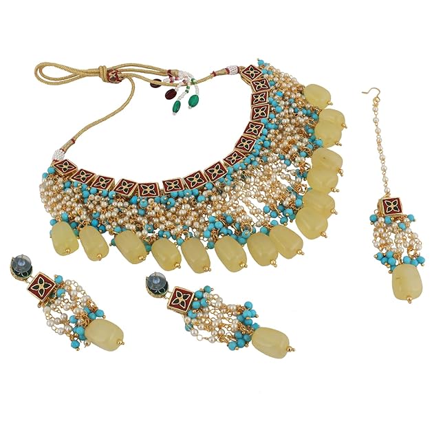 Tehzeeb Creation Back Meenakari 18k Gold Plated Multicolor Color Tika Earring Combo Jewellery Set Uncut Big Faux Kundan Dibbi Kundan Choker Necklace Set for Girl's & Women THZ444