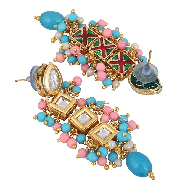 Tehzeeb Creation Back Meenakari 18k Gold Plated Red Color Square Shape Earring Combo Jewellery Set Uncut Kundan Big Faux Kundan Dibbi Kundan Choker Necklace Set for Girl's & Women THZ456