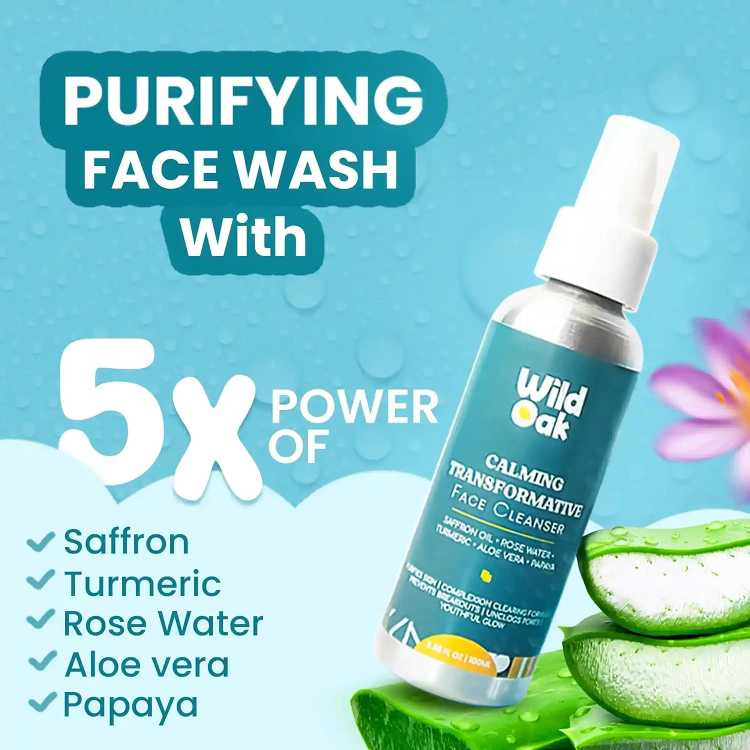 WildOak Ayurvedic Kesar, Haldi and Aloevera Face Wash | Gentle Skin Cleanser for Acne, Pimples, Pore Cleansing and Face Glow | Soap Free | Ayurveda Certified | For all Skin Types | 100ml