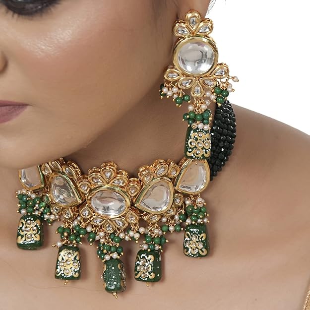 Tehzeeb Creation Back Meenakari 18k Gold Plated Tika Earring Combo Jewellery Set Uncut Kundan Big Faux Kundan Dibbi Kundan Choker Necklace Set for Girl's & Women THZ430