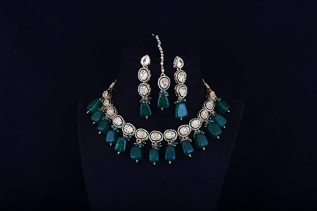 Tehzeeb Creation Back Meenakari 18k Gold Plated Set with Earring and Mang Tika Combo Uncut Big Faux Kundan Choker Necklace set THZ411