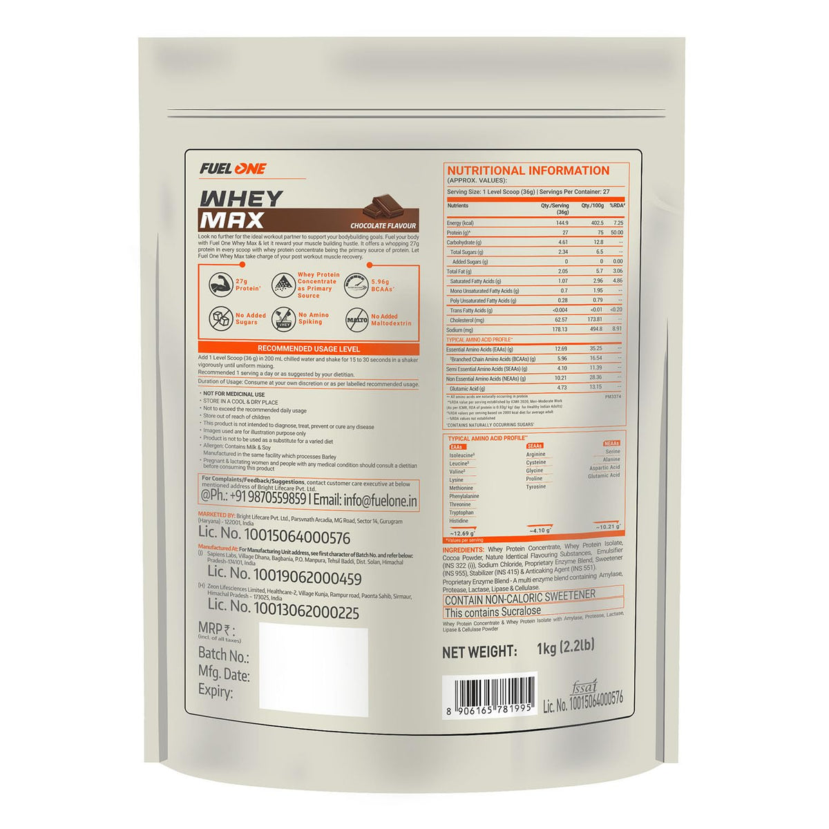 FUELONE Whey Max - Chocolate and Creatine Monohydrate Combo