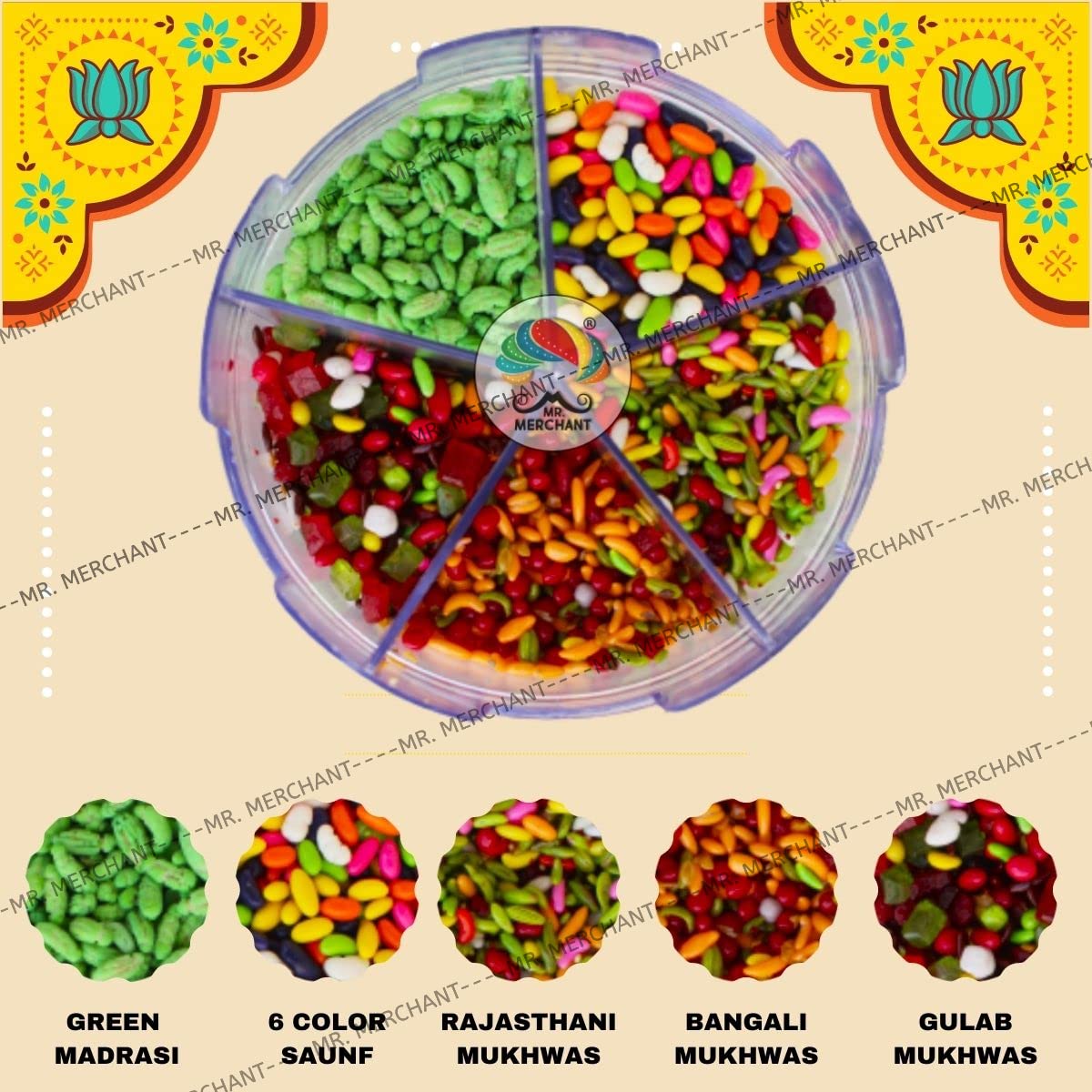 Mr. Merchant Mukhwas Mouth Freshener 5 In 1,(300 g) Green Madrasi Saunf Mukhwas, Rajasthani Mukhwas, Gulab Mukhwas, Bangali Mukhwas And Colorful Sauf|Premium (Pack Of 1), Mint