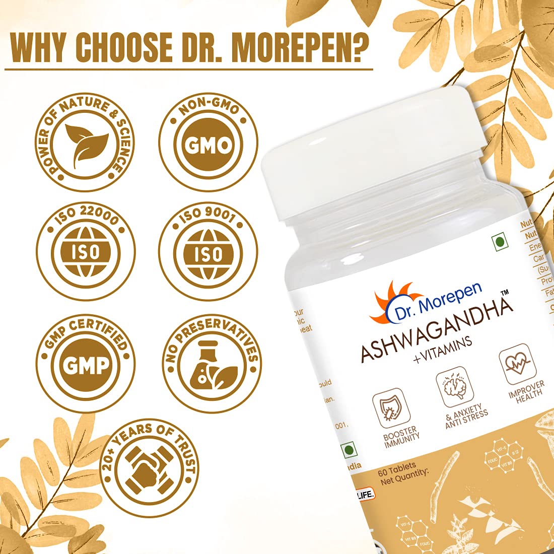 DR. MOREPEN Ashwagandha & Vitamins Tablet |Helps Release Stress | Rejuvenates Mind and Body | General Wellness | Black Pepper Extract with Folic Acid, Energy & Immunity Booster - 60 Veg Tablets