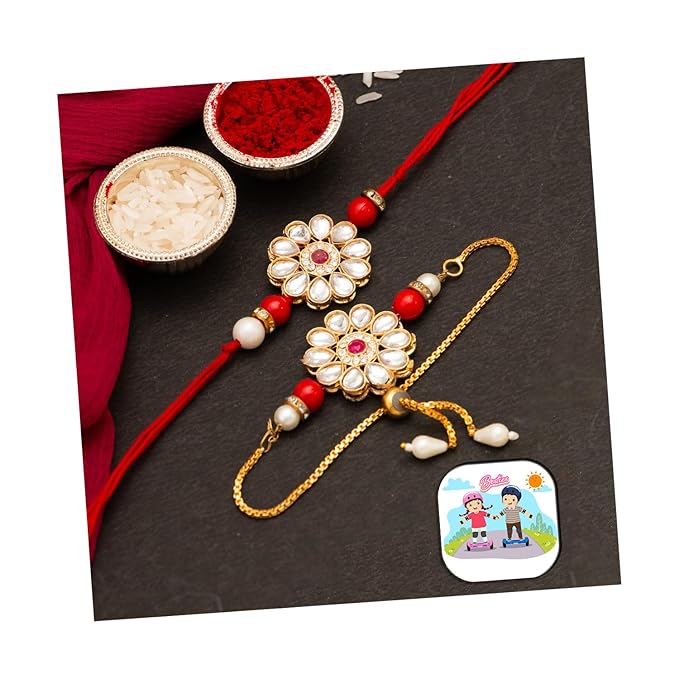Rakhi Set for Brother and Bhabhi Designer Floral Rakhi for Bhaiya Kundan Lumba Braclet for Bhabhi Couple Set of 2 Raksha Bandhan Fridge Magnet for Door Decor