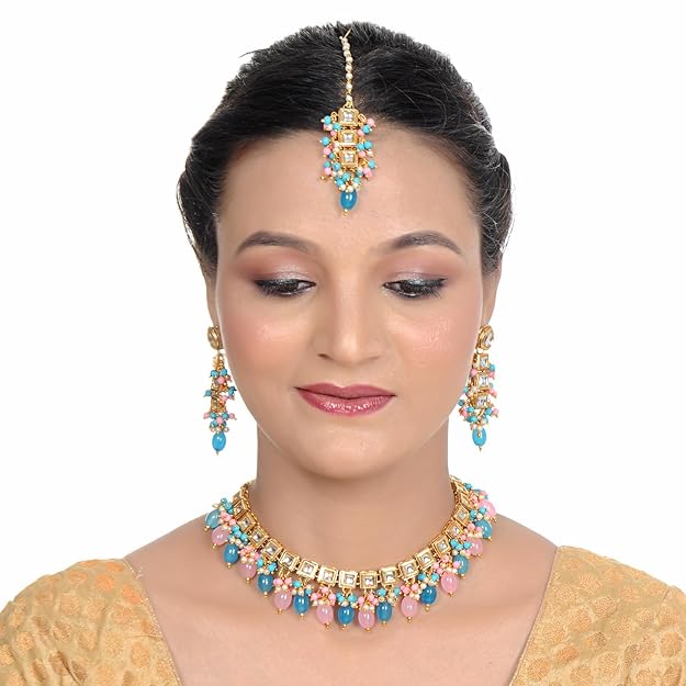 Tehzeeb Creation Back Meenakari 18k Gold Plated Red Color Square Shape Earring Combo Jewellery Set Uncut Kundan Big Faux Kundan Dibbi Kundan Choker Necklace Set for Girl's & Women THZ456